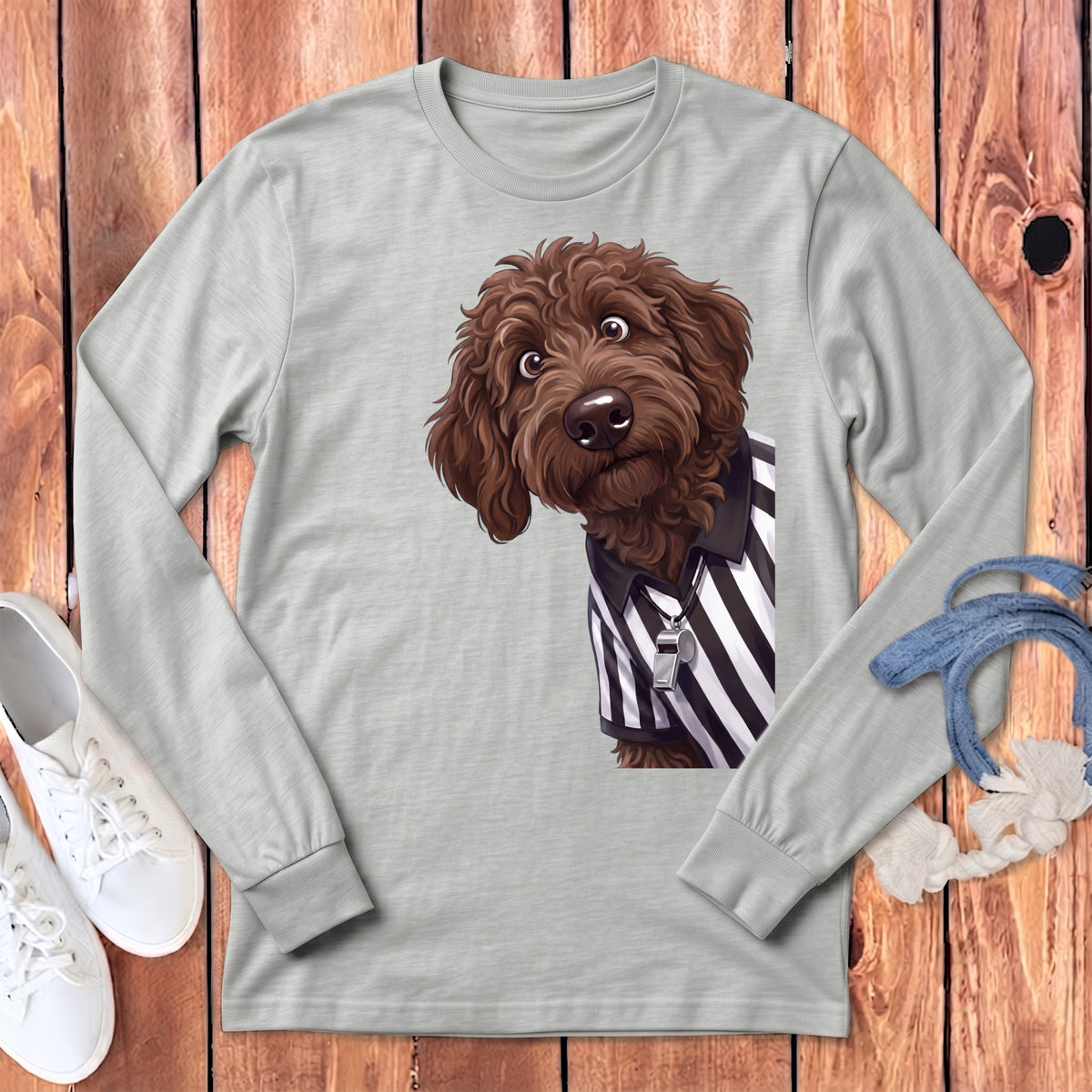Light grey long-sleeve t-shirt with a doodle dog wearing a referee shirt and whistle graphic.