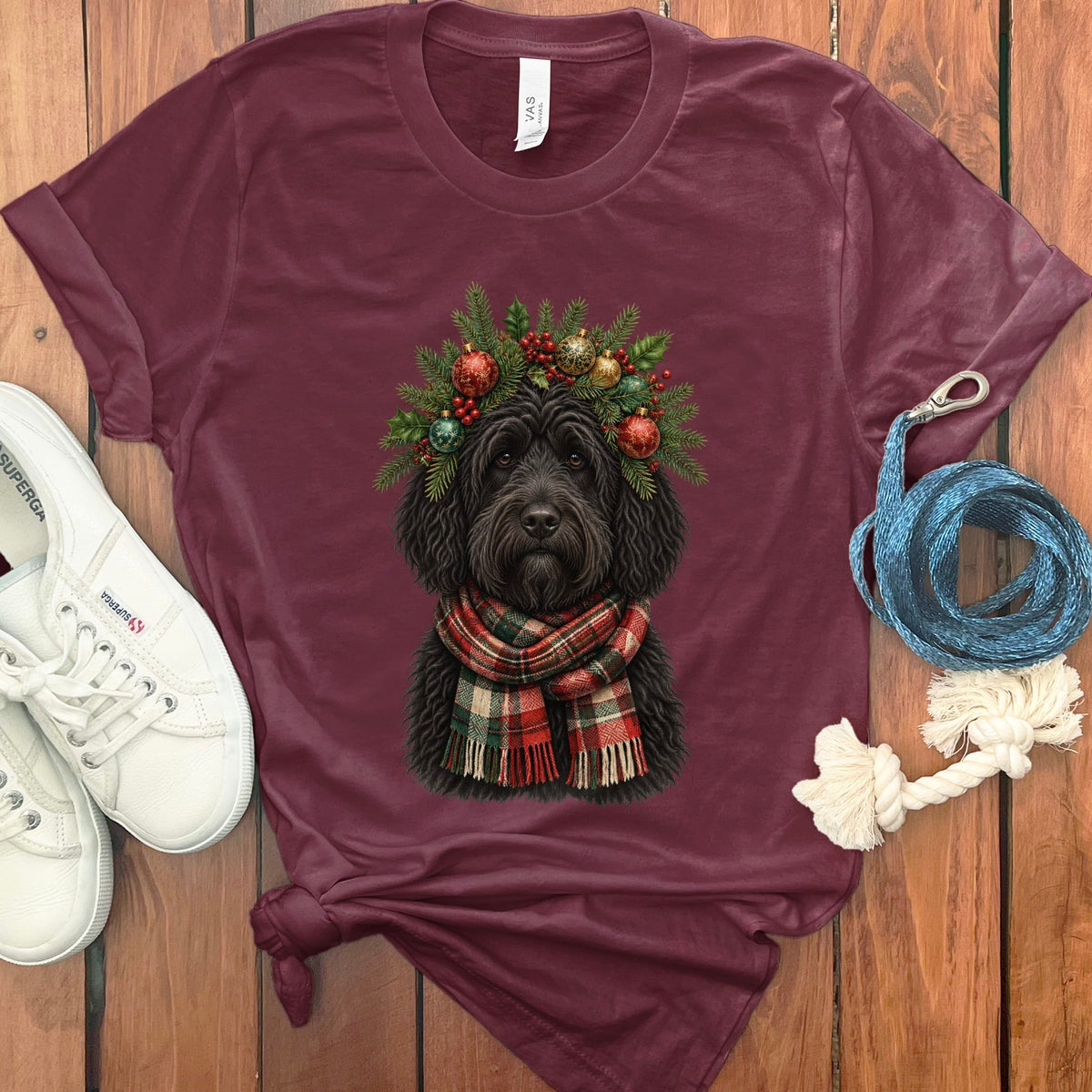 Black Goldendoodle Holiday Crown T-Shirt in Maroon / S by Puppy Jo