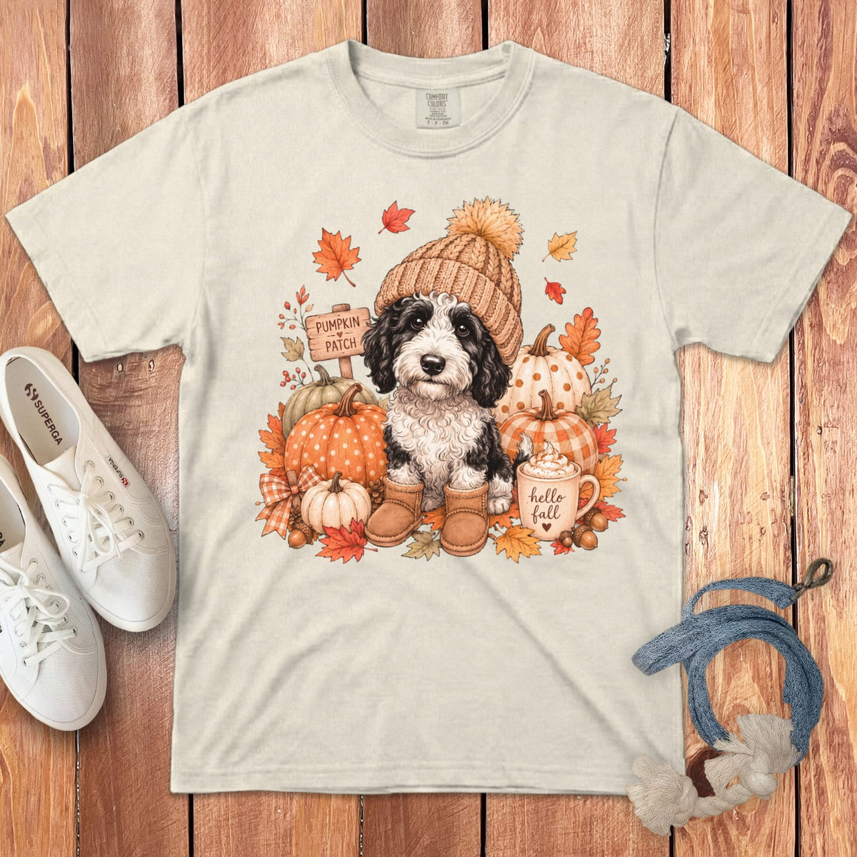 Sheepadoodle Pumpkin Patch Signature T-Shirt in Ivory / S by Puppy Jo