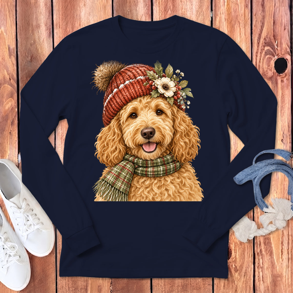 Goldendoodle wearing a knitted hat and scarf with floral embellishments.