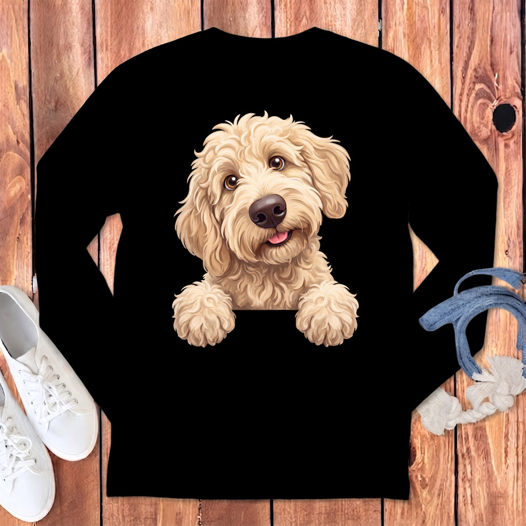 Black long-sleeve shirt with a cream-colored doodle dog illustration on the chest.