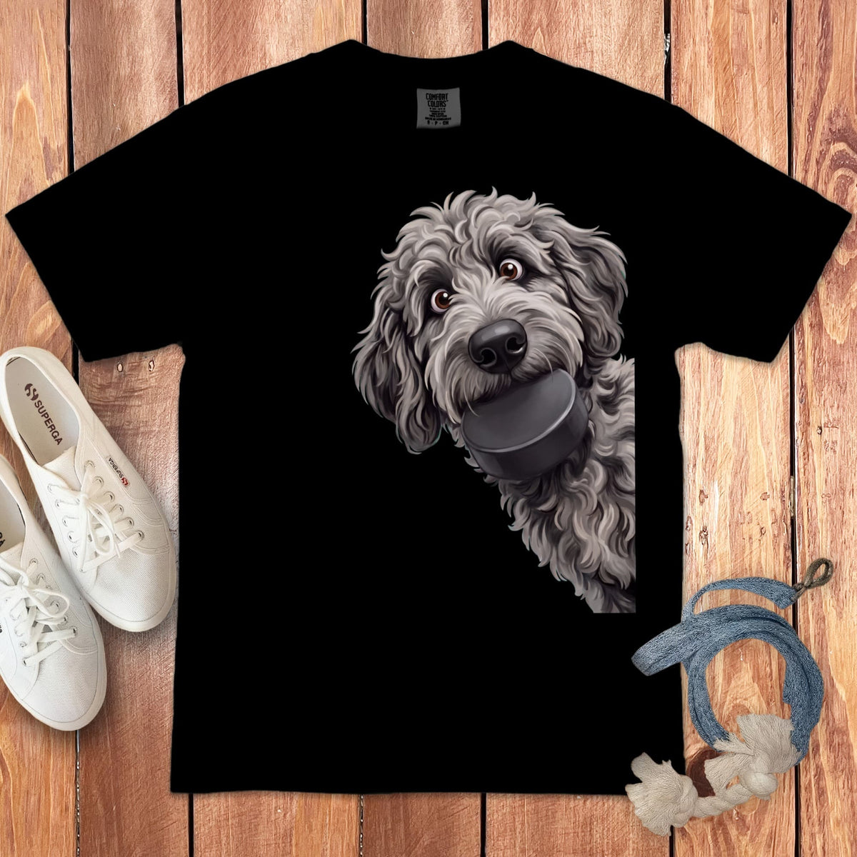 Merle Goldendoodle Hockey Puck Signature T-Shirt in Black / S by Puppy Jo