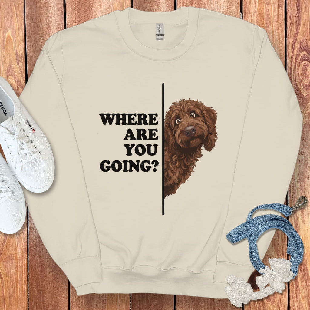 Where Going Chocolate Goldendoodle Sweatshirt in Sand / S by Puppy Jo