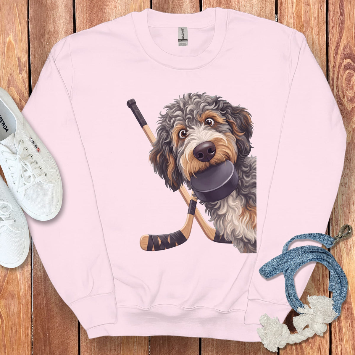 Aussiedoodle Hockey Sweatshirt in Light Pink / S by Puppy Jo