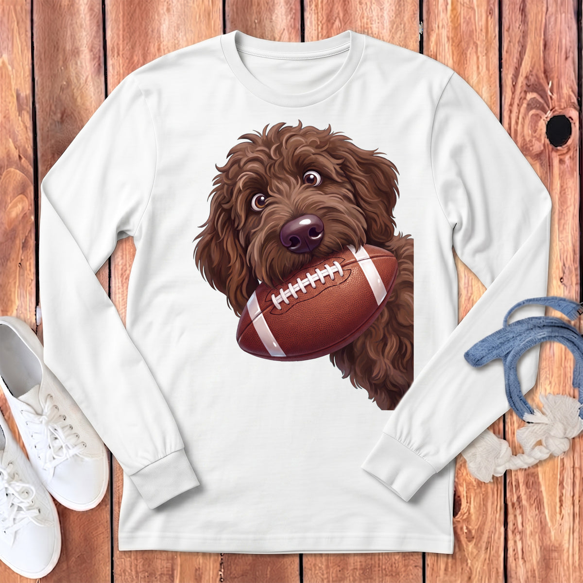 Brown dog with large eyes holding a football in its mouth on a white shirt.