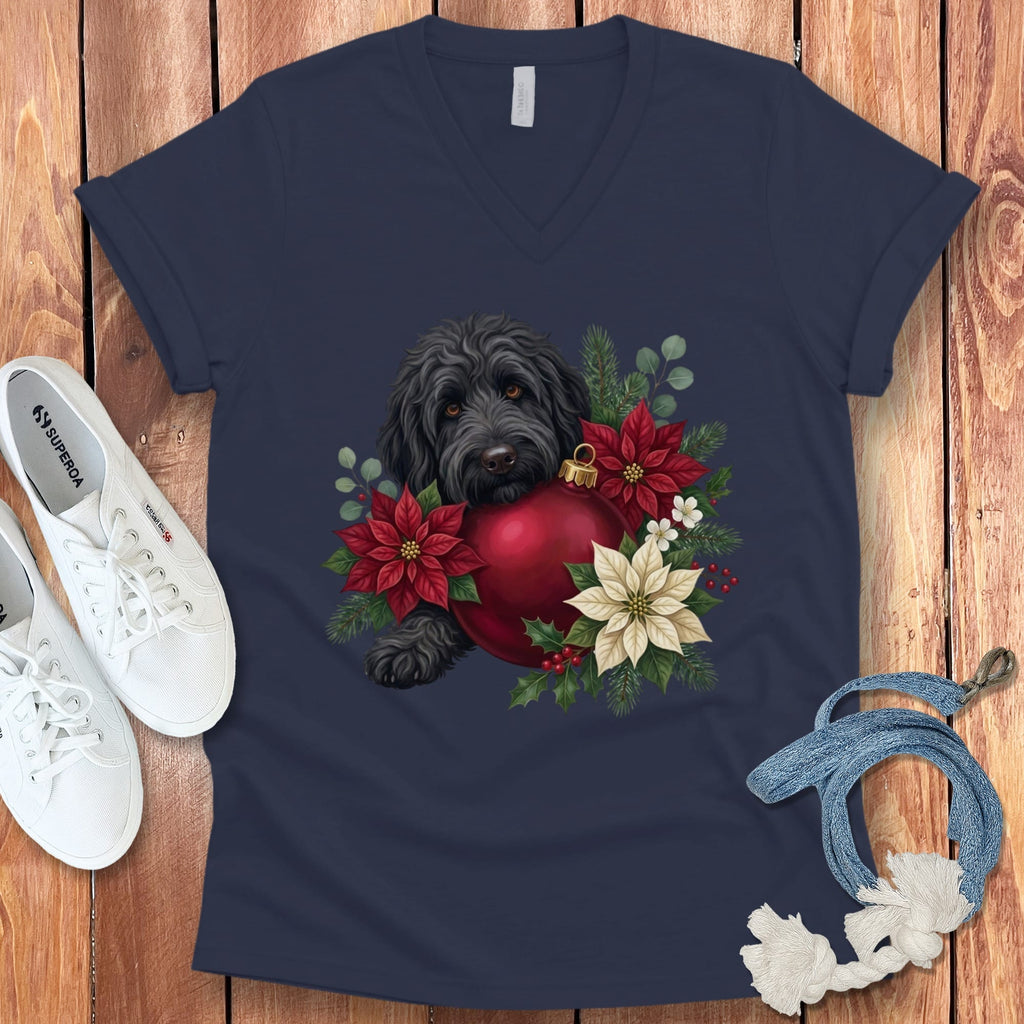 Black Goldendoodle Holiday Cheer V-Neck T-Shirt in Navy / S by Puppy Jo