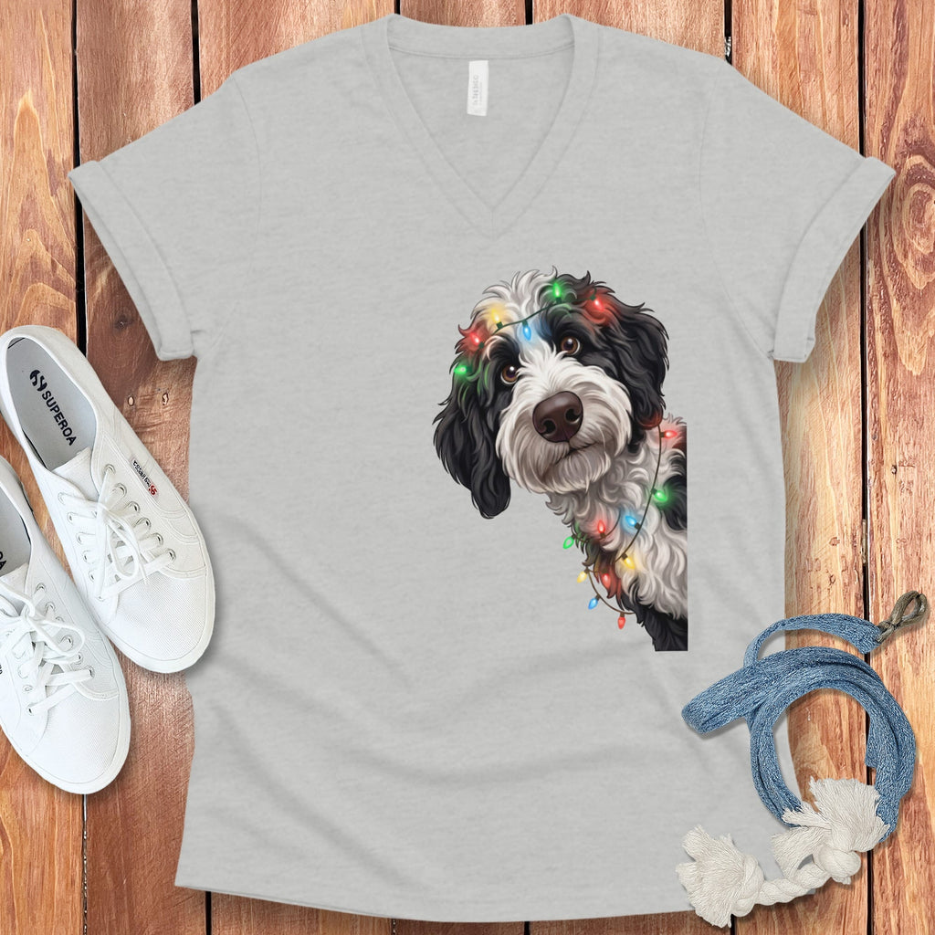 Peeking Sheepadoodle Holiday V-Neck T-Shirt in Athletic Heather / S by Puppy Jo