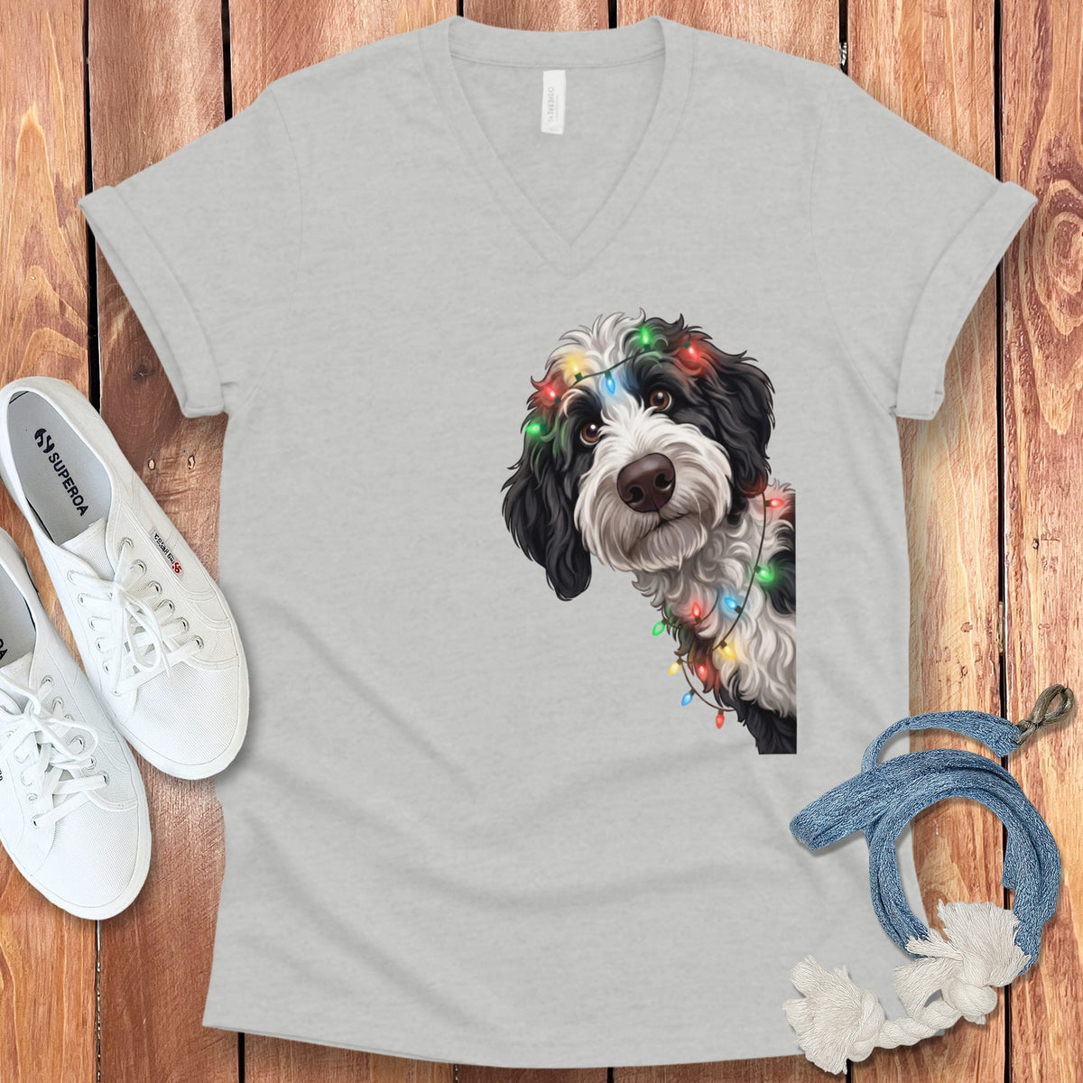 Peeking Sheepadoodle Holiday V-Neck T-Shirt in Athletic Heather / S by Puppy Jo