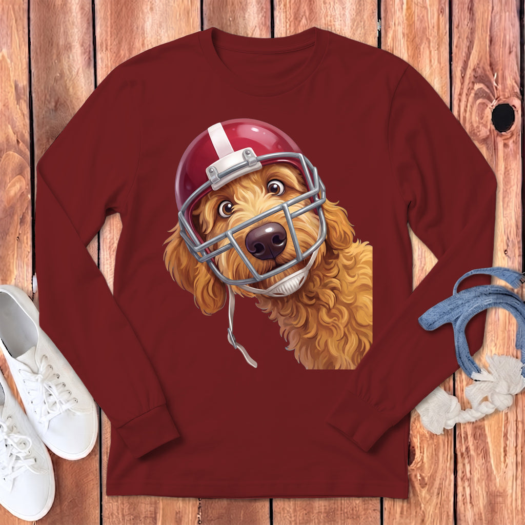 Maroon long-sleeve t-shirt featuring a graphic of a golden doodle wearing a red football helmet.