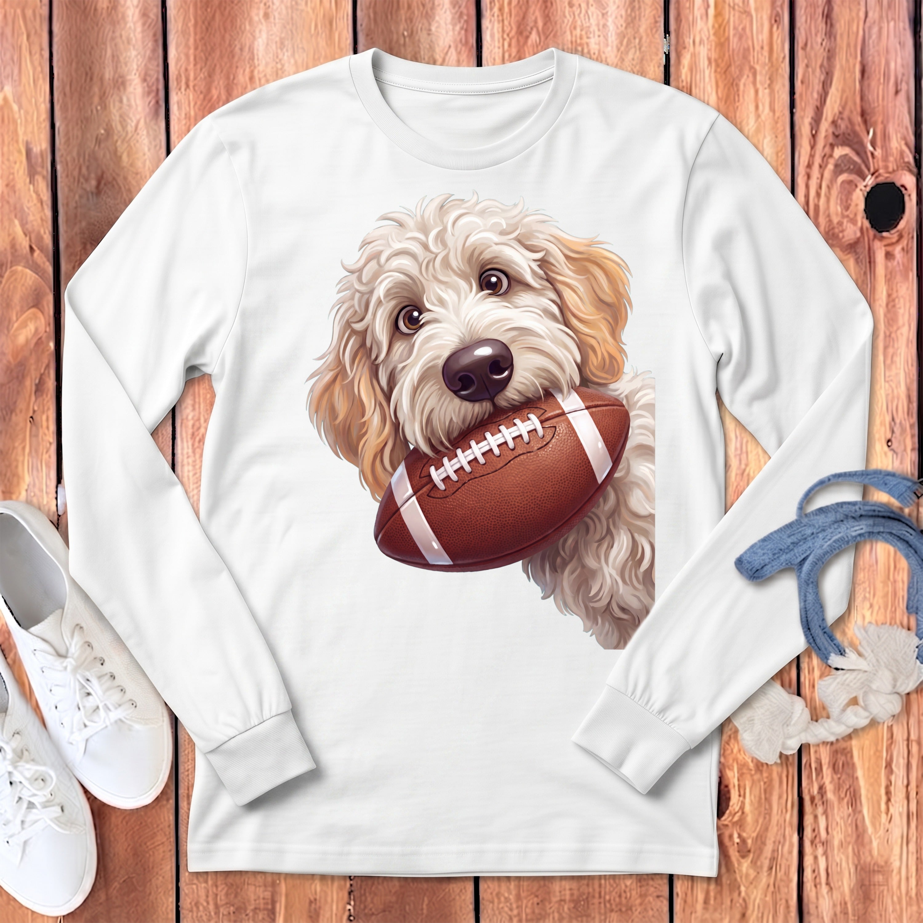 White long-sleeve t-shirt featuring a fluffy golden-blonde dog holding a brown football in its mouth.