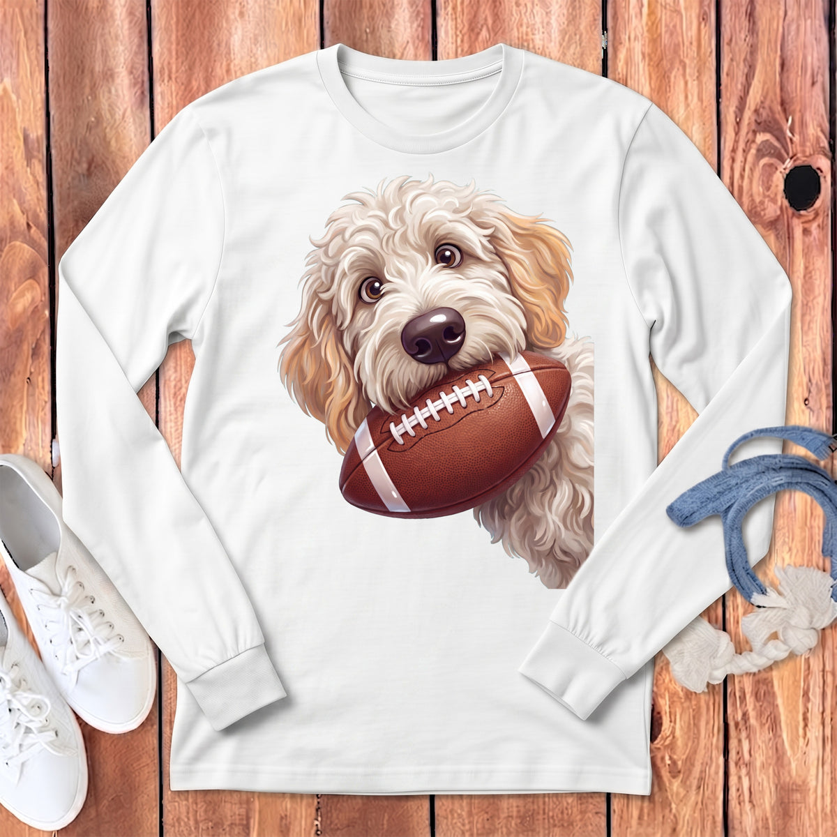 White long-sleeve t-shirt featuring a fluffy golden-blonde dog holding a brown football in its mouth.