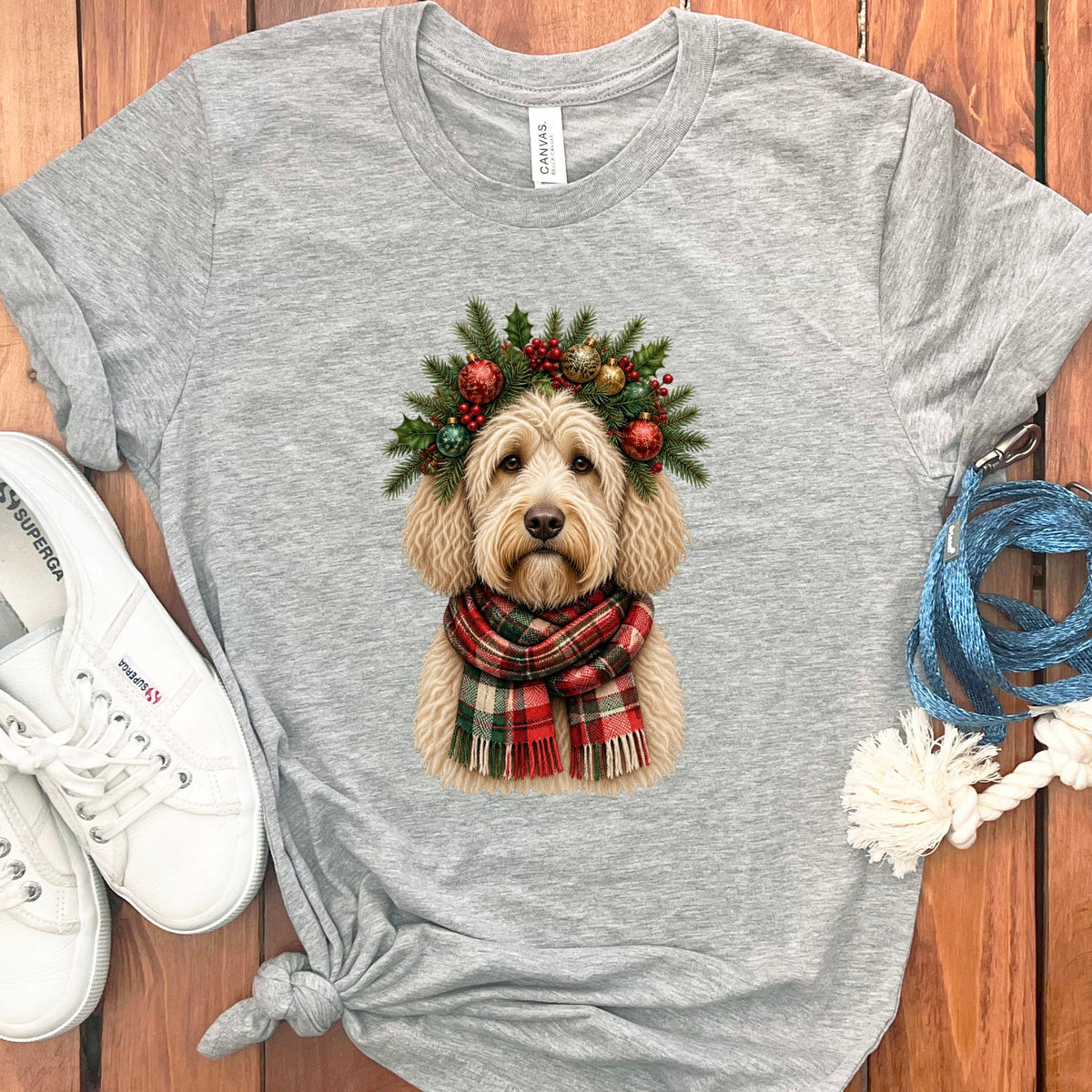 Cream Goldendoodle Holiday Crown T-Shirt in Athletic Heather / S by Puppy Jo