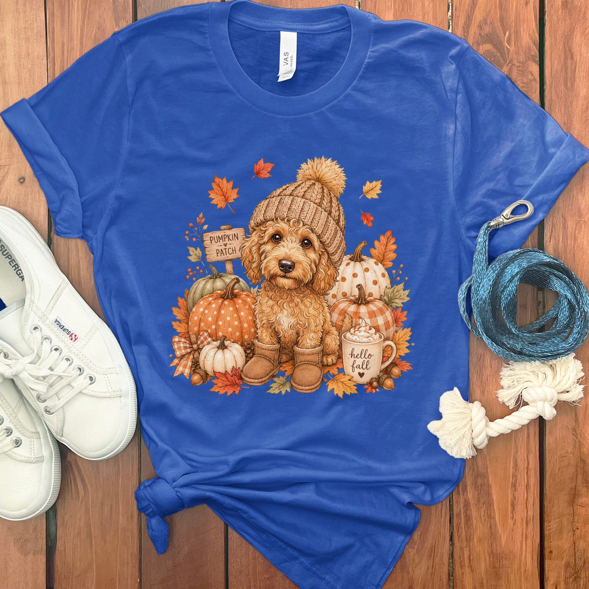 Apricot Goldendoodle Pumpkin Patch T-Shirt in True Royal / S by Puppy Jo