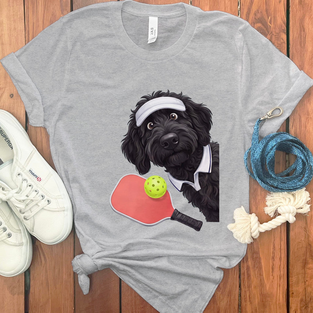 Black Goldendoodle Pickleball Player T-Shirt in Athletic Heather / S by Puppy Jo