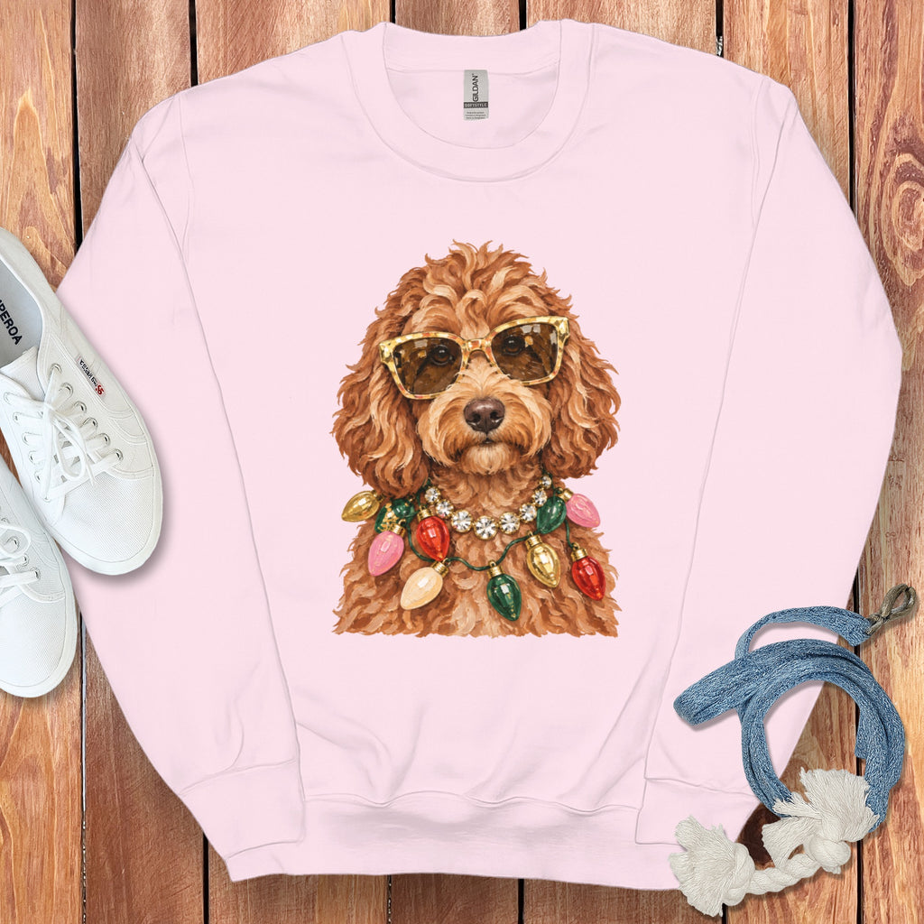 Pink sweatshirt with watercolor dog wearing sunglasses and Christmas lights.