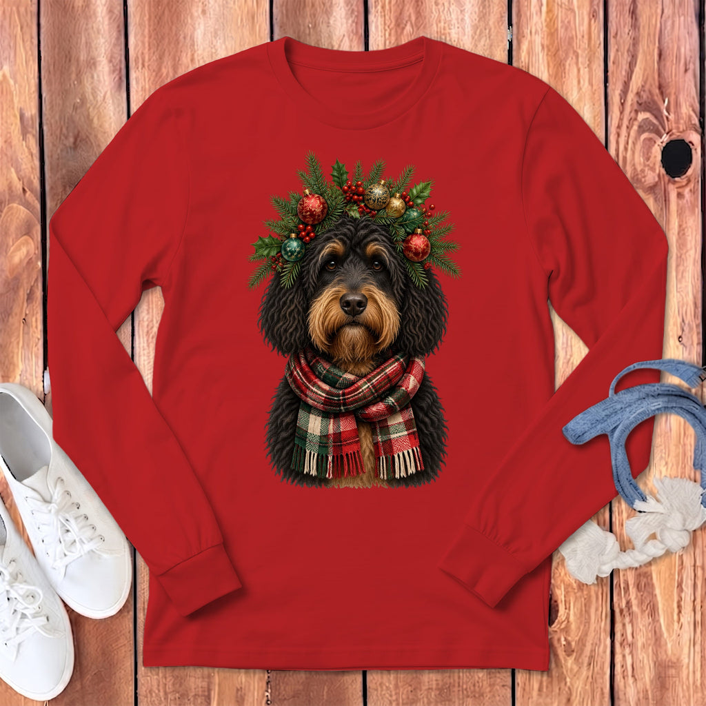 Phantom Goldendoodle Holiday Crown Long Sleeve T-Shirt in Red / S by MyDesigns