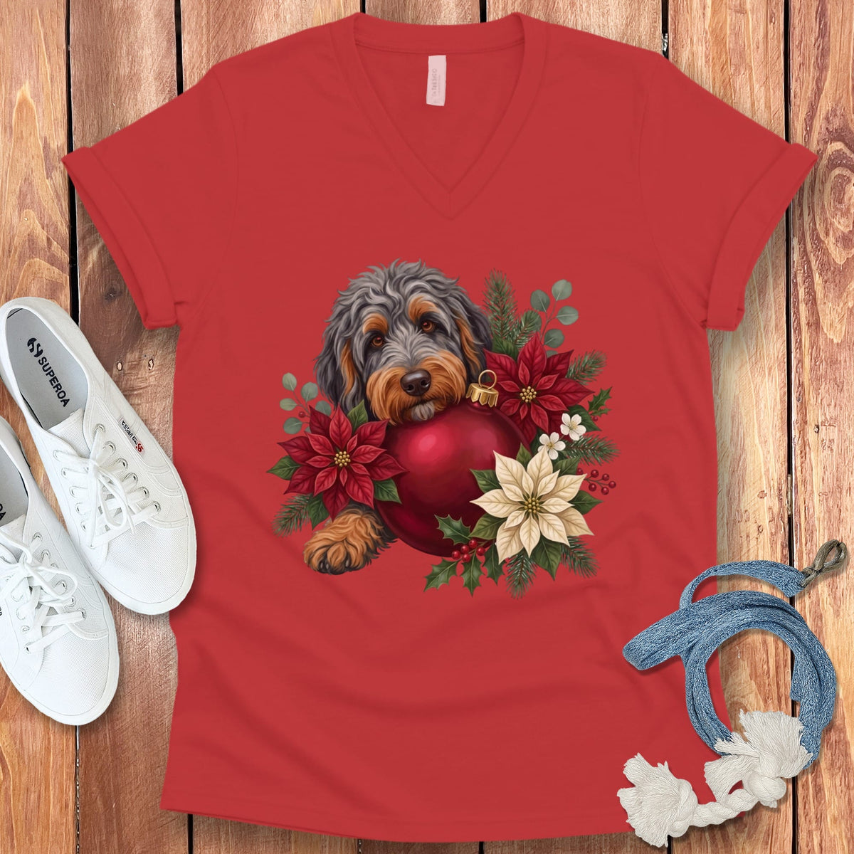 Phantom Goldendoodle Holiday Cheer V-Neck T-Shirt in Red / S by Puppy Jo