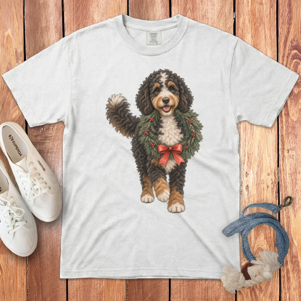 Bernedoodle Wreath Signature T-Shirt in White / S by Puppy Jo