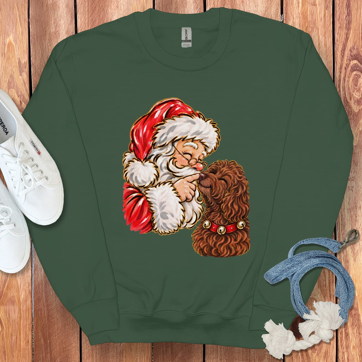 Chocolate Goldendoodle Santa Kiss Sweatshirt in Forest Green / S by Puppy Jo
