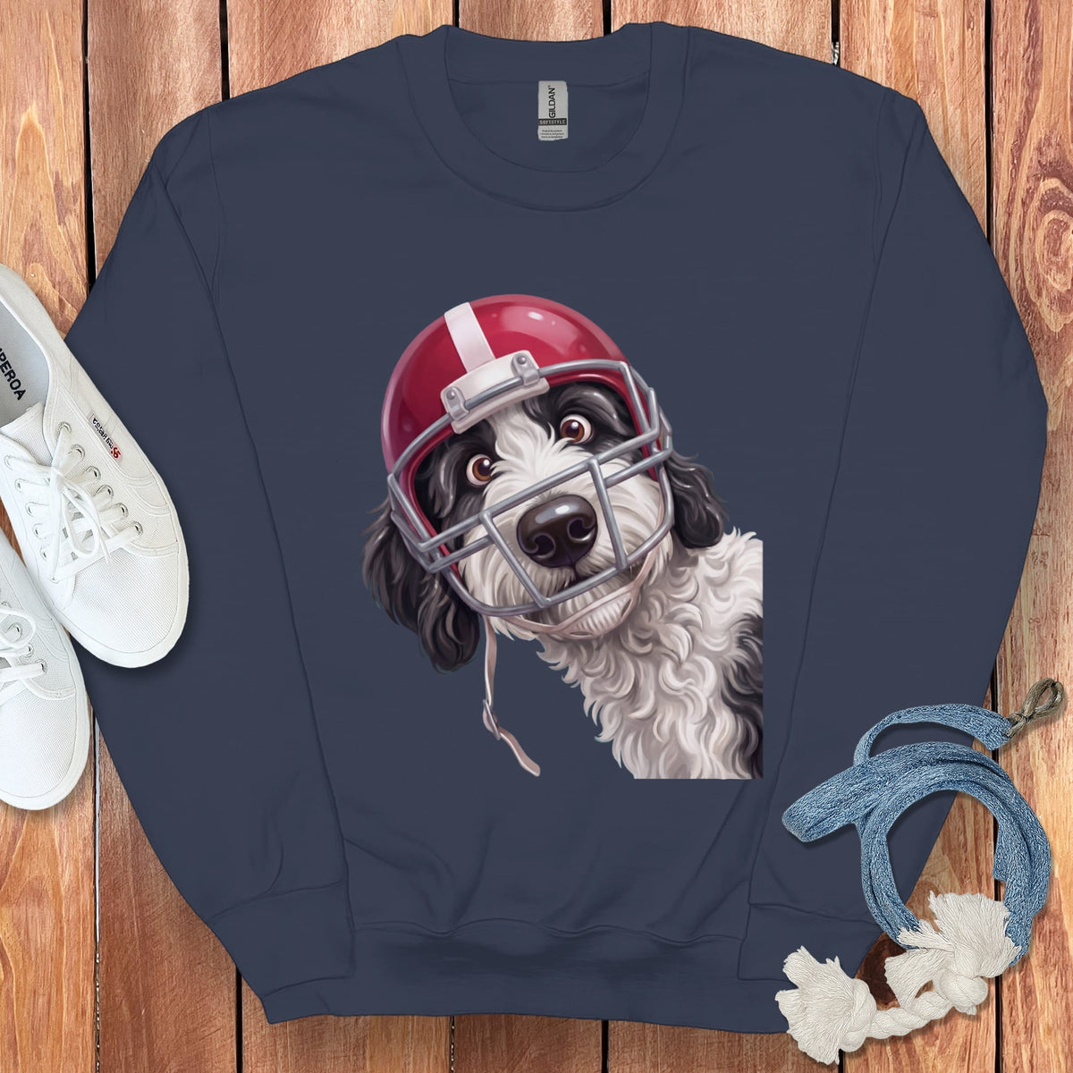 Sheepadoodle Football Helmet Sweatshirt in Navy / S by Puppy Jo