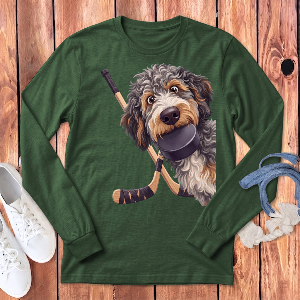 Aussiedoodle Hockey Long Sleeve T-Shirt in Heather Forest / S by Puppy Jo