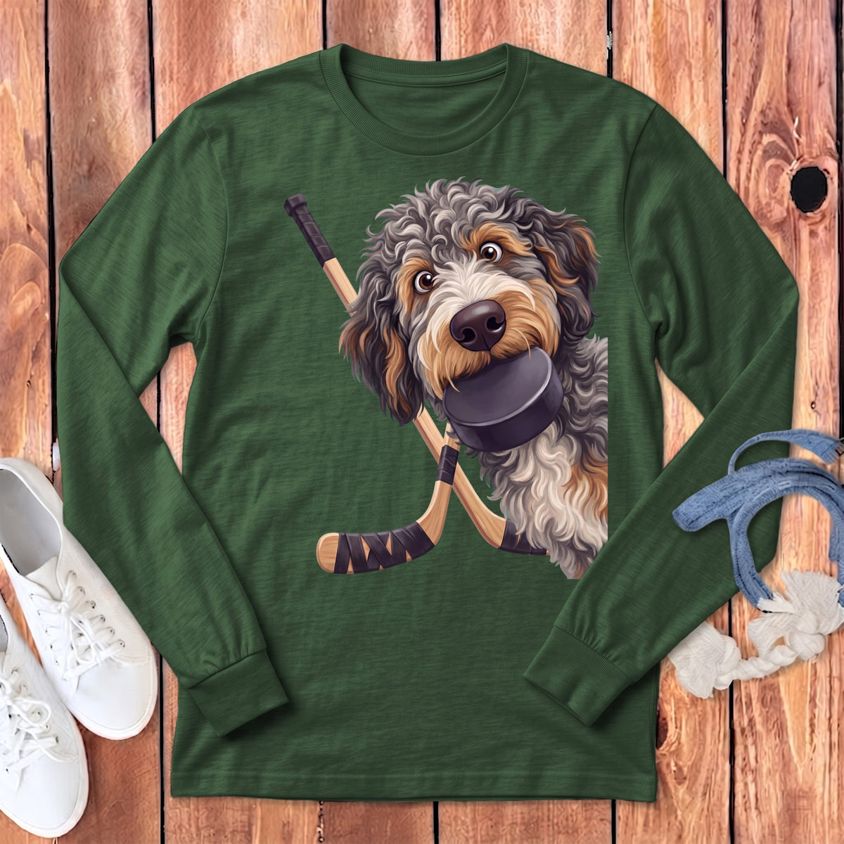 Aussiedoodle Hockey Long Sleeve T-Shirt in Heather Forest / S by Puppy Jo