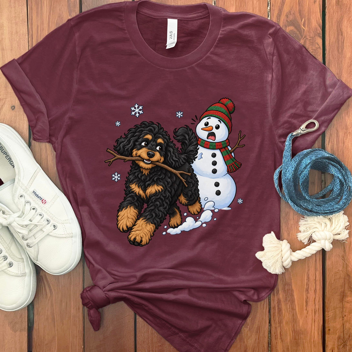 Phantom Goldendoodle Snowman T-Shirt in Maroon / S by Puppy Jo