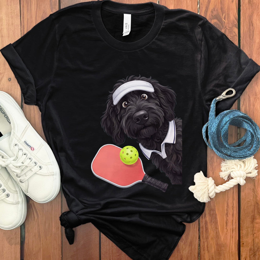 Black Goldendoodle Pickleball Player T-Shirt in Black / S by Puppy Jo