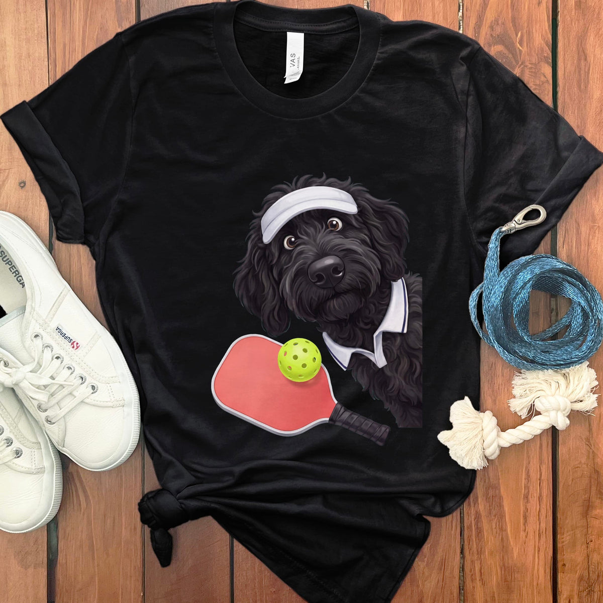 Black Goldendoodle Pickleball Player T-Shirt in Black / S by Puppy Jo