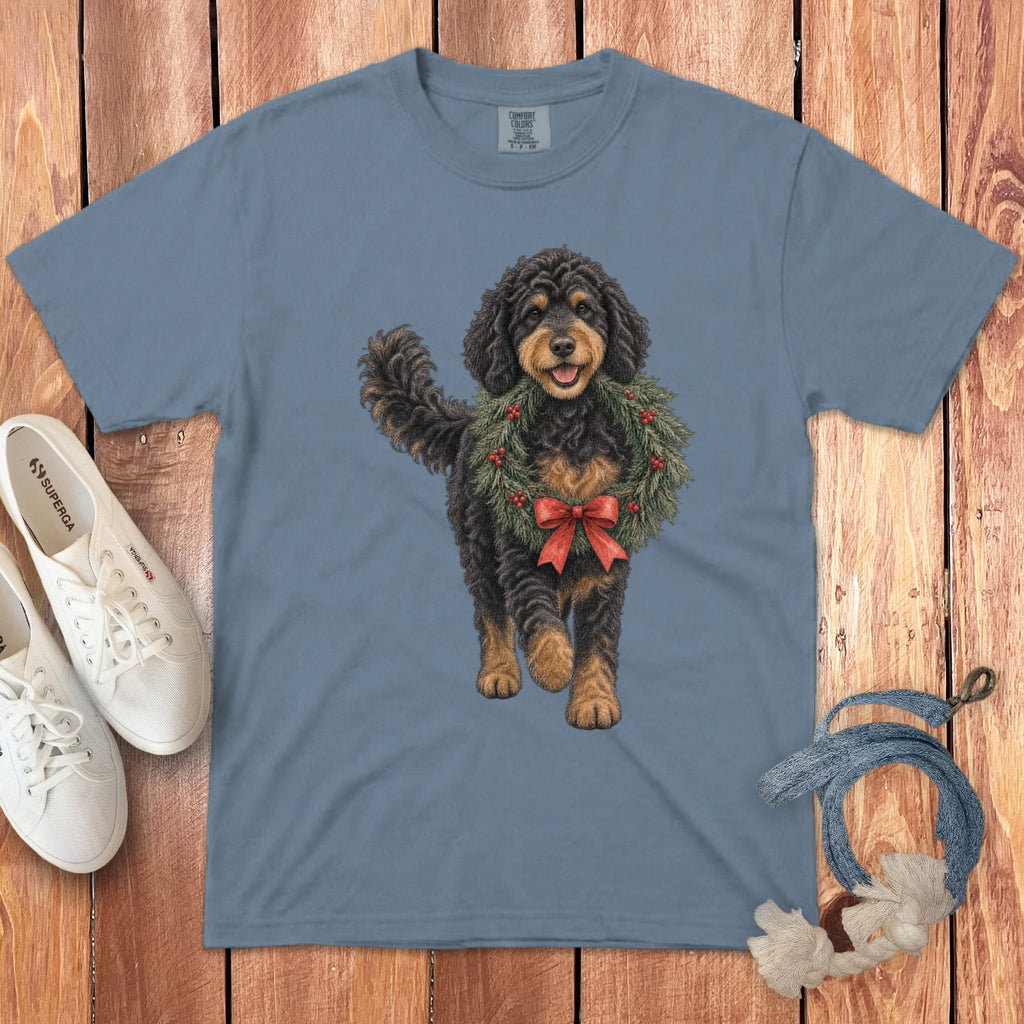 Phantom Goldendoodle Wreath Signature T-Shirt in Blue Jean / S by Puppy Jo