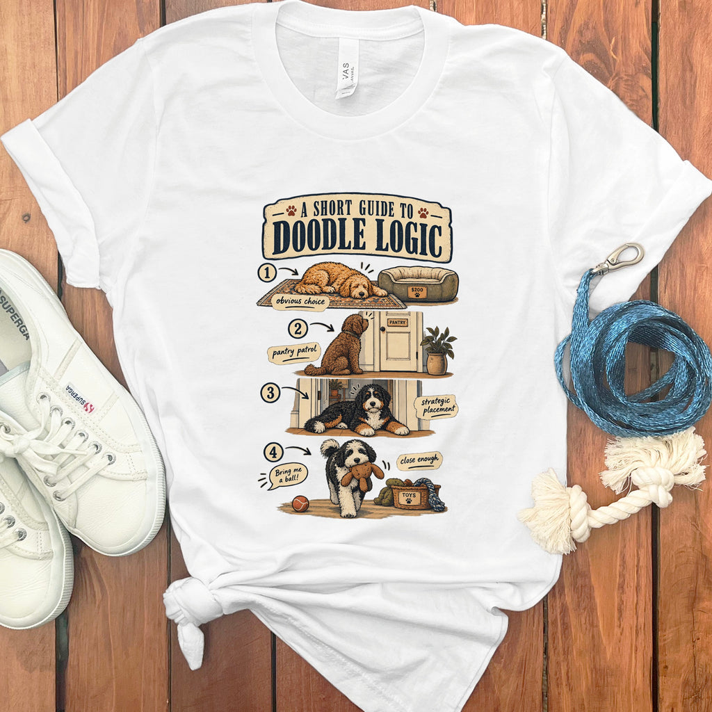 T-shirt graphic: a short guide to doodle logic with four illustrated dogs.