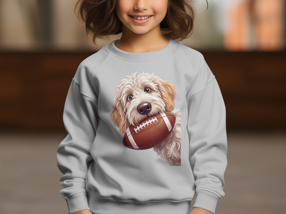 Light gray sweatshirt with a cartoon dog holding a football on the front.