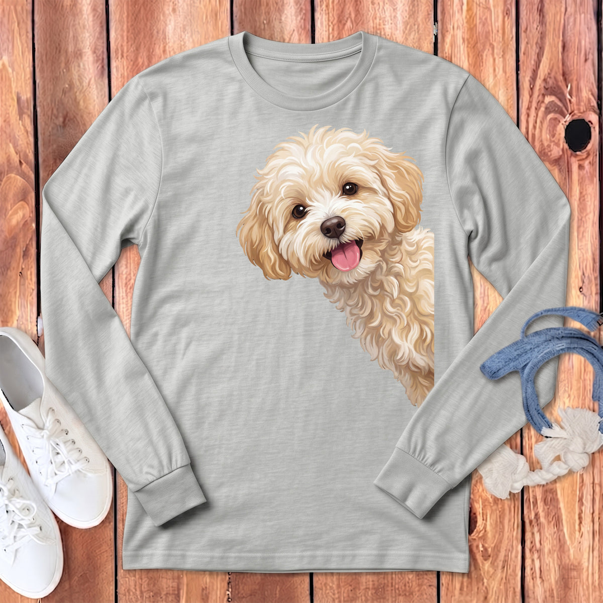 Light gray long-sleeve shirt with a cute poodle dog graphic on the chest.