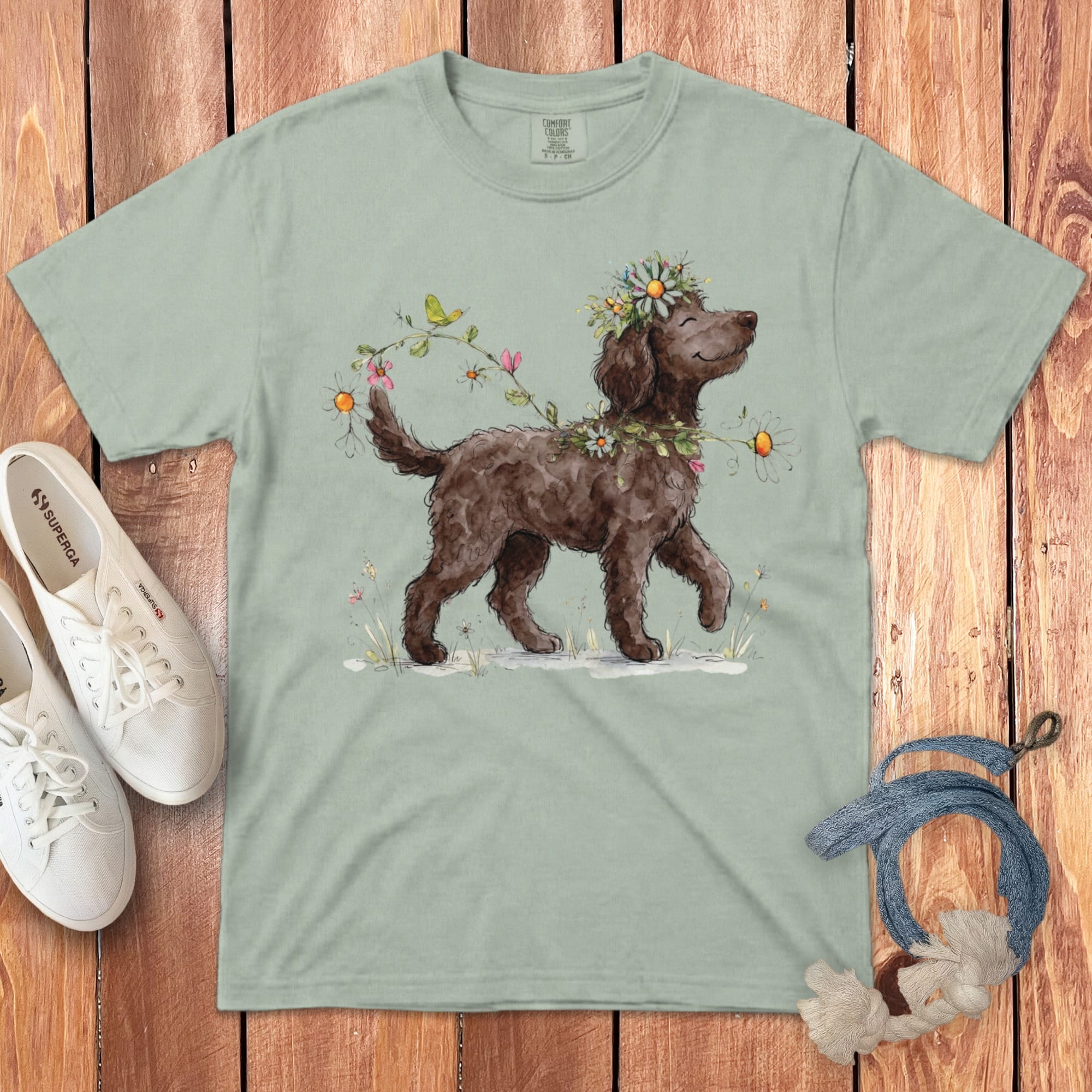 Chocolate doodle dog wearing flower crown and daisies on light green t-shirt.