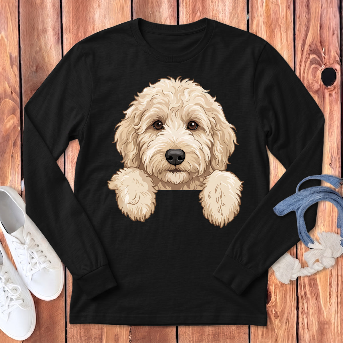 Black long-sleeve t-shirt with a cream-colored doodle dog graphic peeking over the chest.