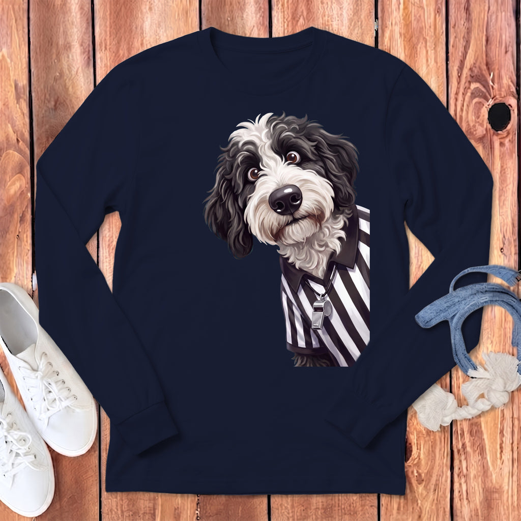 Dark blue long-sleeve shirt with a cartoon dog wearing a referee shirt and whistle.