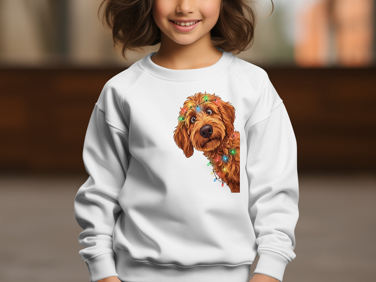 White sweatshirt with a doodle dog wearing Christmas lights graphic.