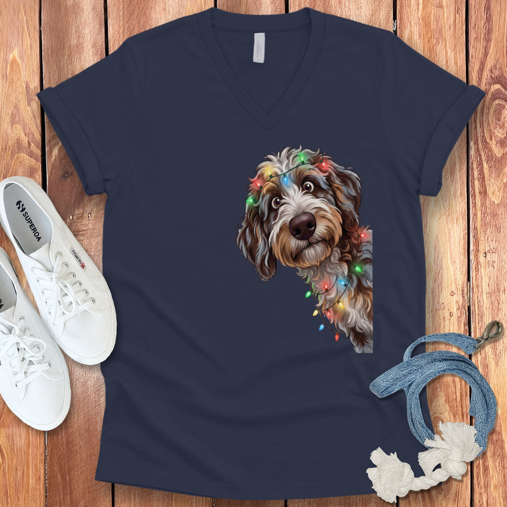 Peeking Aussiedoodle Holiday V-Neck T-Shirt in Navy / S by Puppy Jo