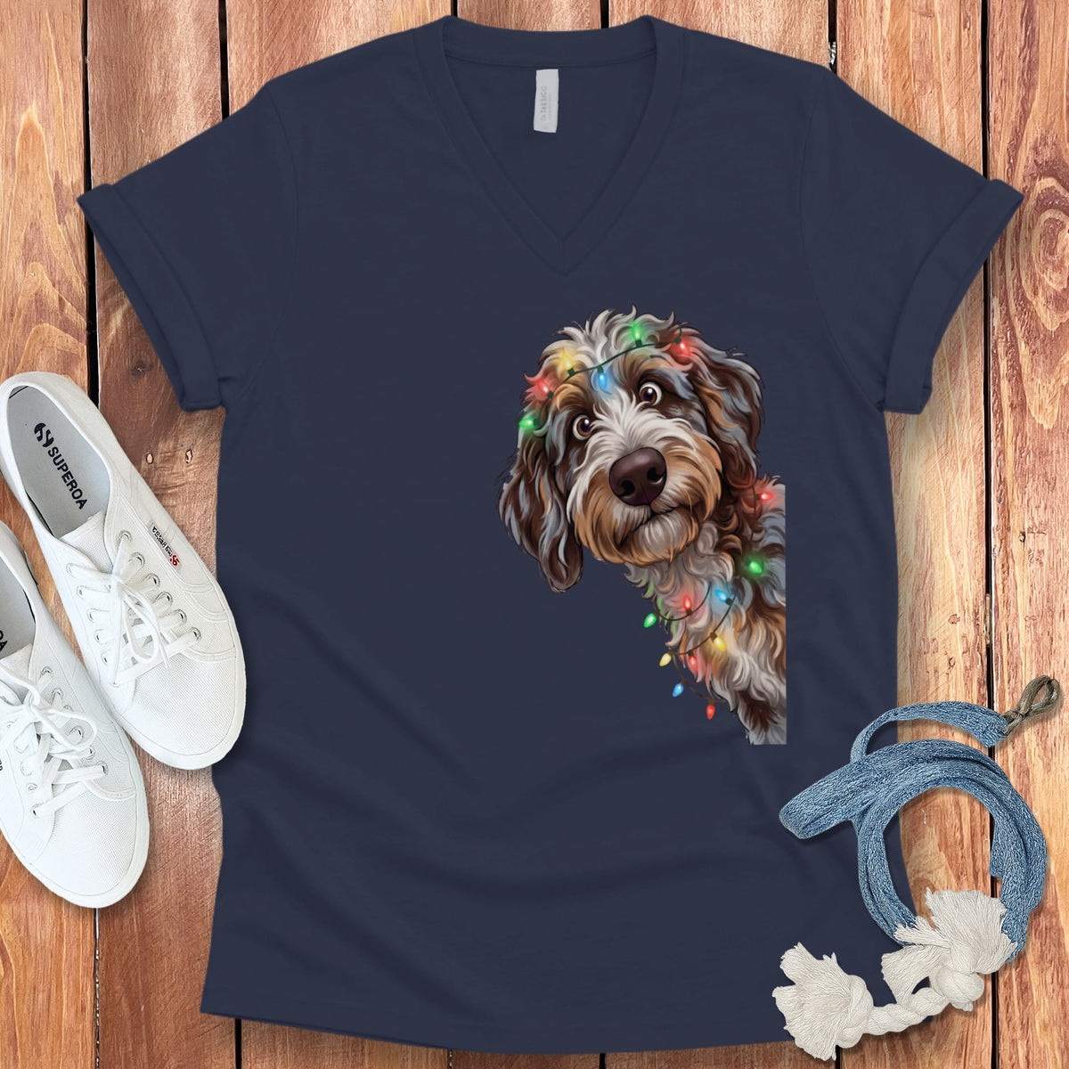 Peeking Aussiedoodle Holiday V-Neck T-Shirt in Navy / S by Puppy Jo