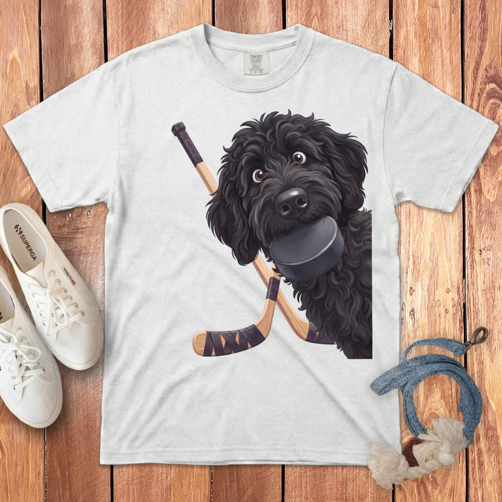 Black Goldendoodle Hockey Signature T-Shirt in White / S by Puppy Jo
