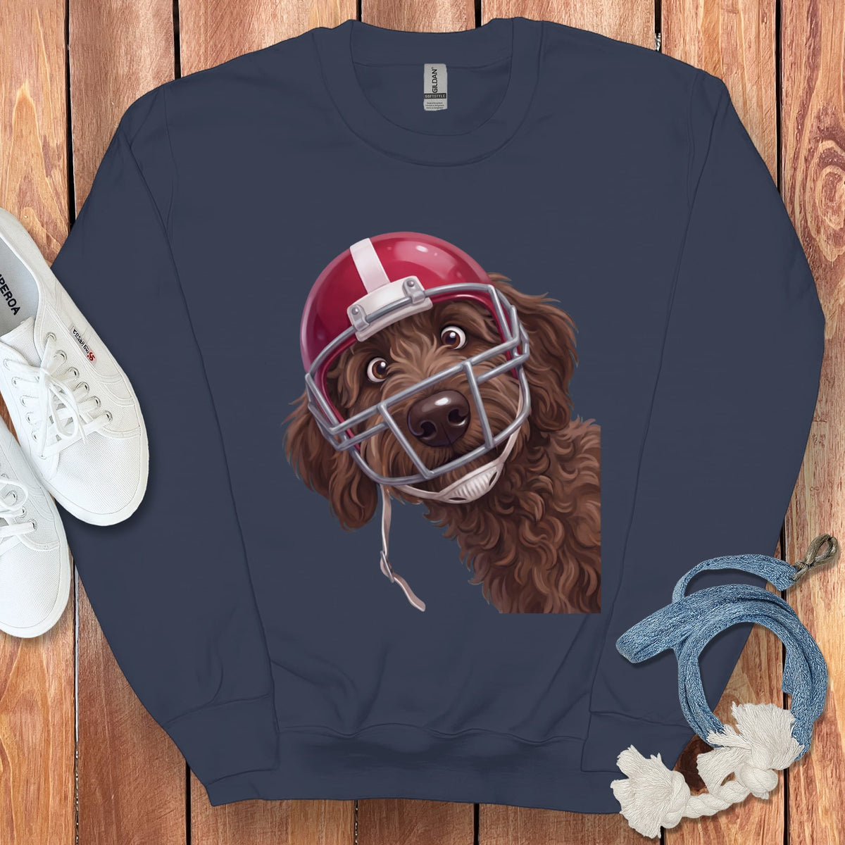 Chocolate Goldendoodle Football Helmet Sweatshirt in Navy / S by Puppy Jo
