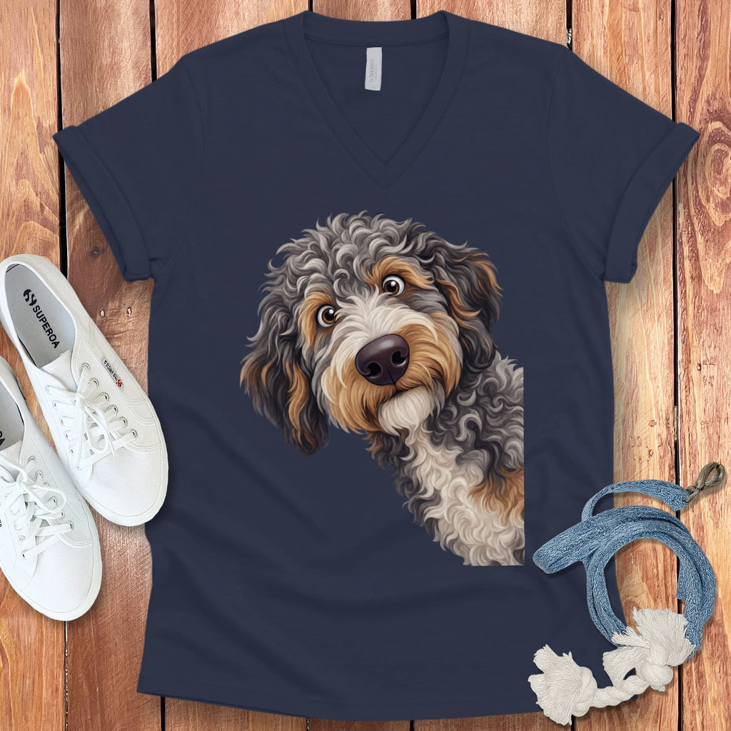 Funny Peeking Aussiedoodle V-Neck T-Shirt in Navy / S by Puppy Jo