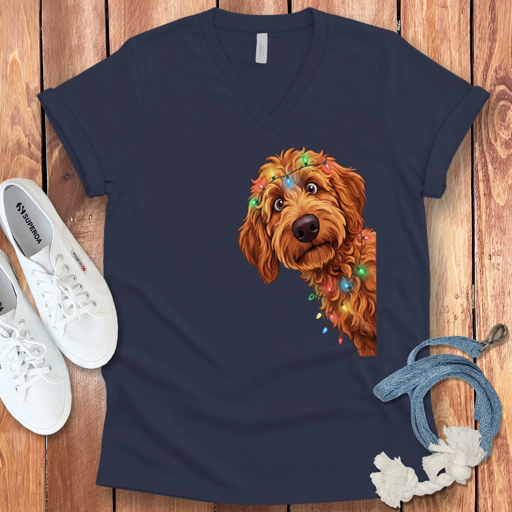 Peeking Apricot Goldendoodle Holiday V-Neck T-Shirt in Navy / S by Puppy Jo