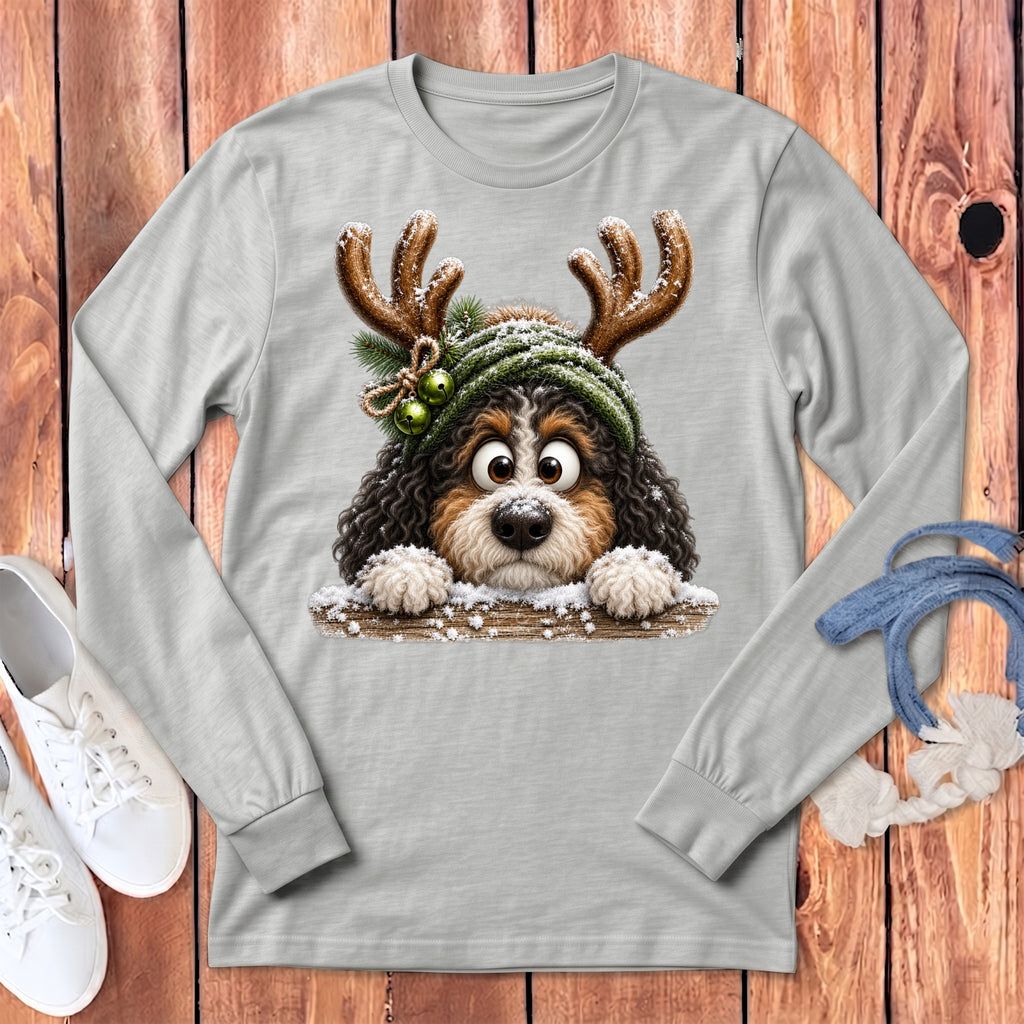 Light gray long-sleeve t-shirt with a cartoon dog wearing reindeer antlers and a green hat.