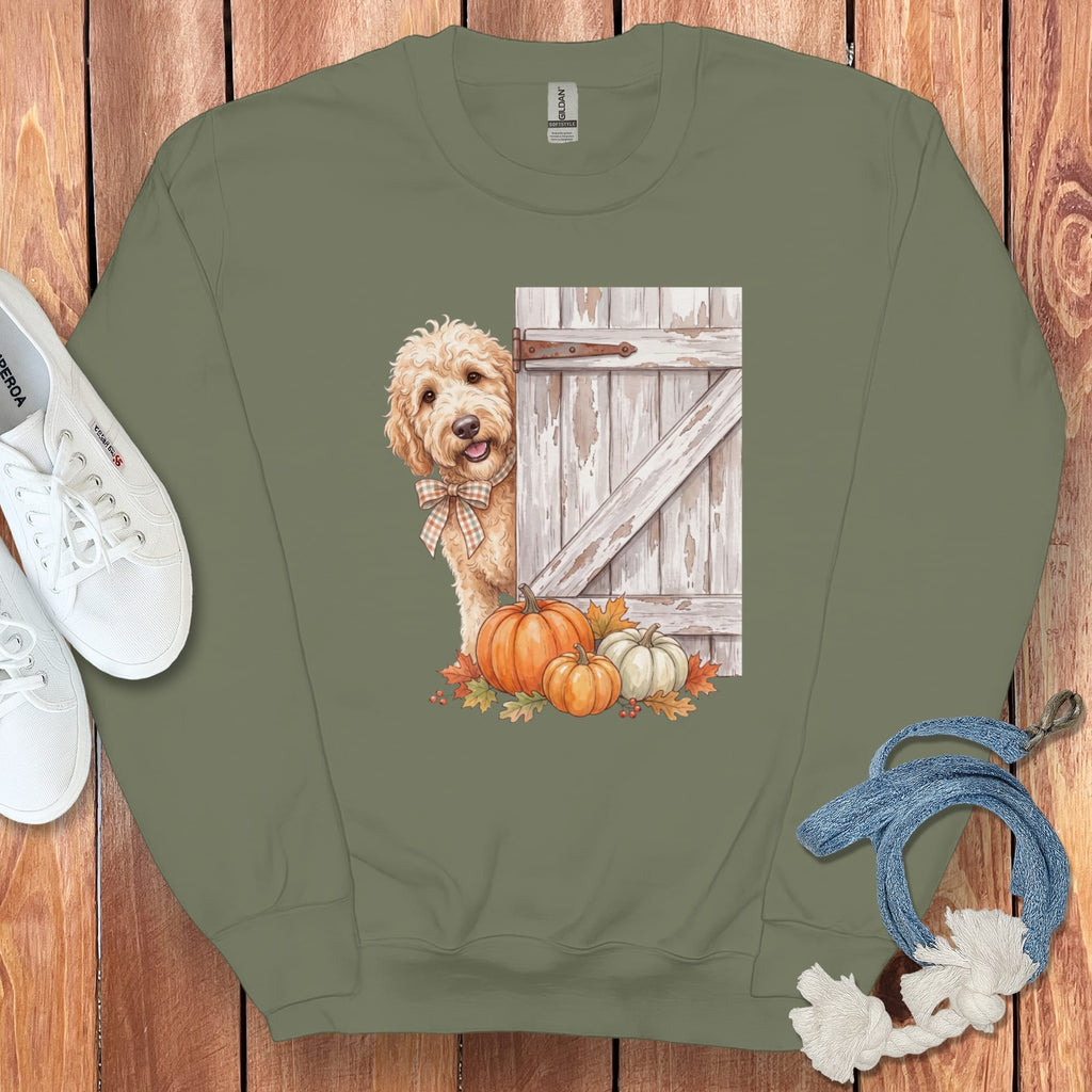 Cream Goldendoodle Barn Peeking Sweatshirt in Military Green / S by Puppy Jo