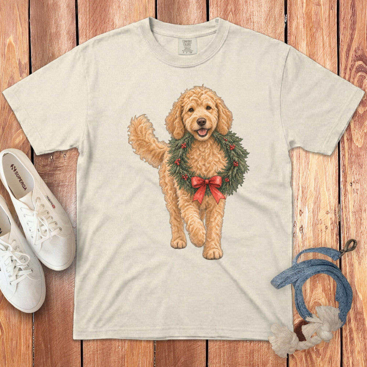 Apricot Goldendoodle Wreath Signature T-Shirt in Ivory / S by Puppy Jo