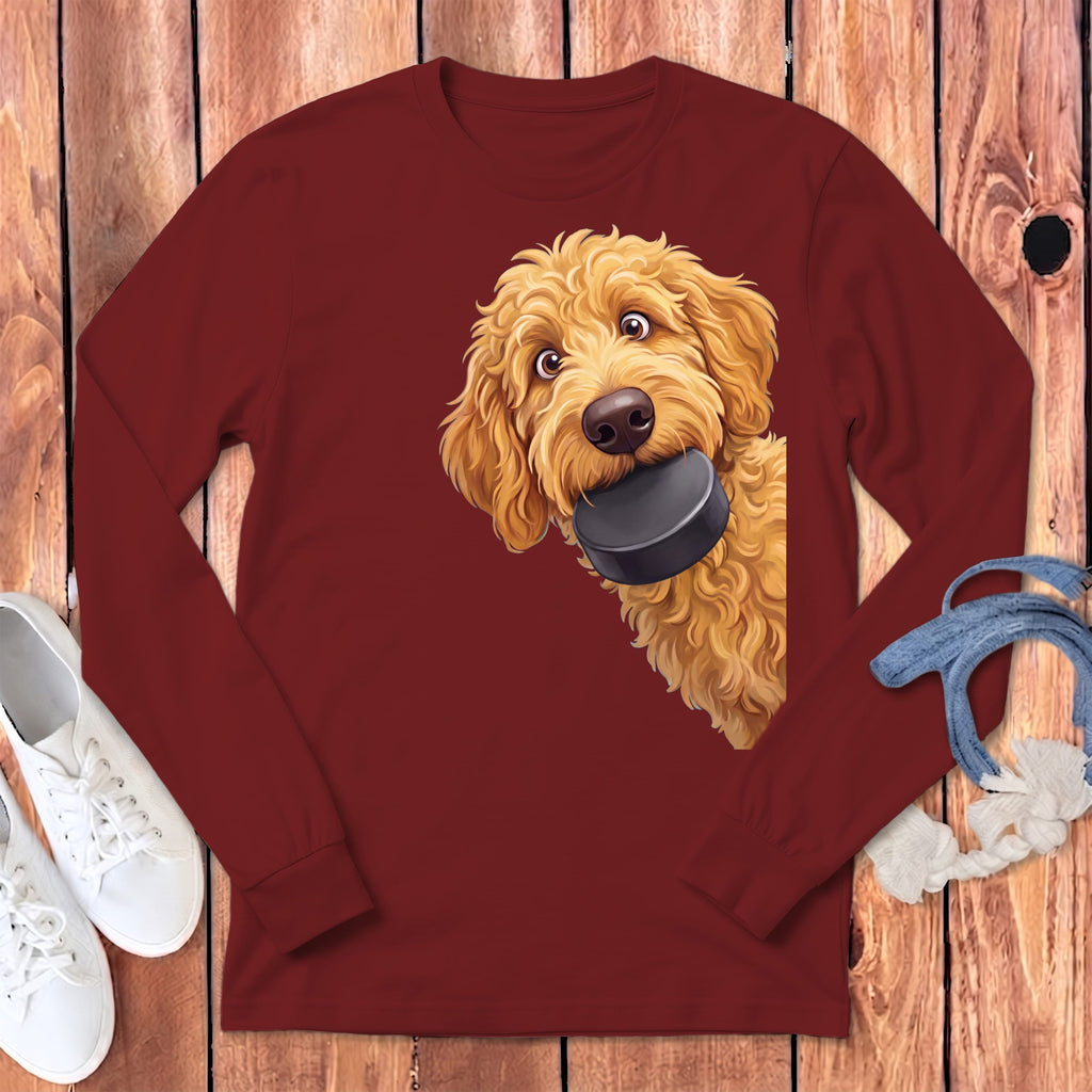 Golden Goldendoodle Hockey Puck Long Sleeve T-Shirt in Cardinal / S by Puppy Jo