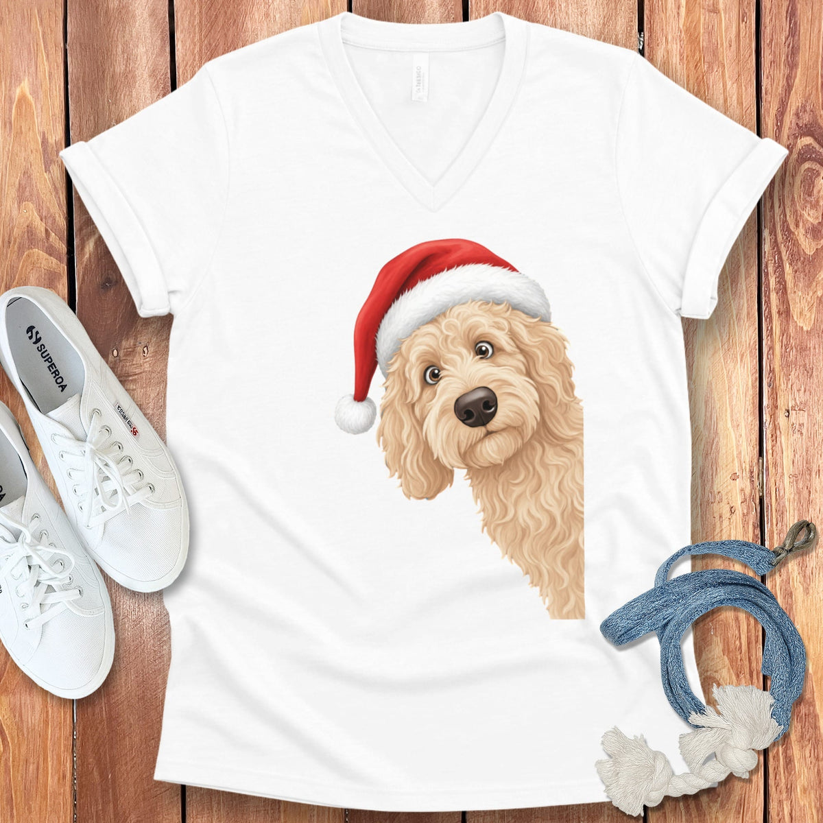 Cream Goldendoodle Holiday Santa V-Neck T-Shirt in White / S by Puppy Jo