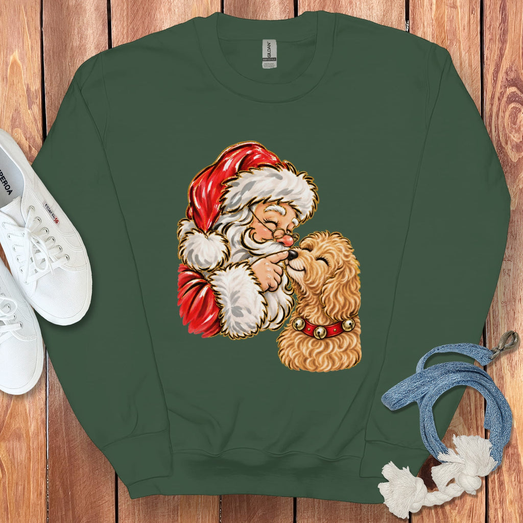 Apricot Goldendoodle Santa Kiss Sweatshirt in Forest Green / S by Puppy Jo