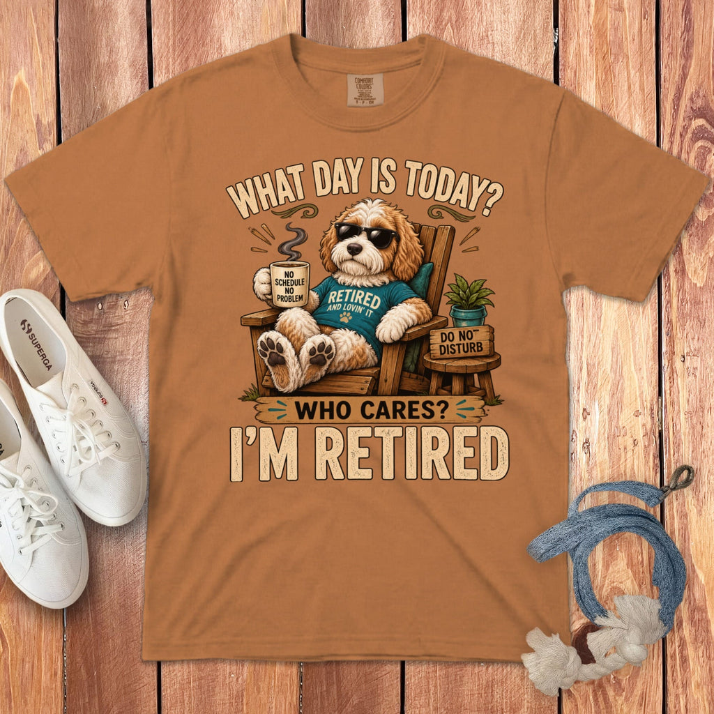 I'm Retired Parti Goldendoodle Signature T-Shirt in Yam / S by Puppy Jo